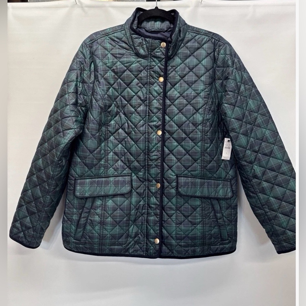 NWT Talbots Barn Jackets Sz L Quilted Tartan Cabin Plaid Corduroy Trim Green‎